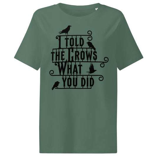Green t-shirt with black text and crow illustrations on a white background