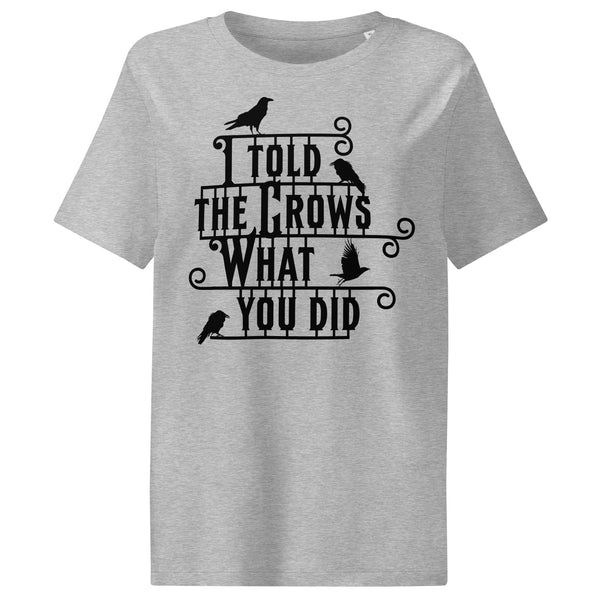 Gray t-shirt with black text and crow illustrations on a white background