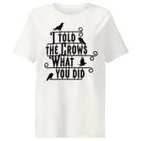 White t-shirt with black text and crow graphics on a white background