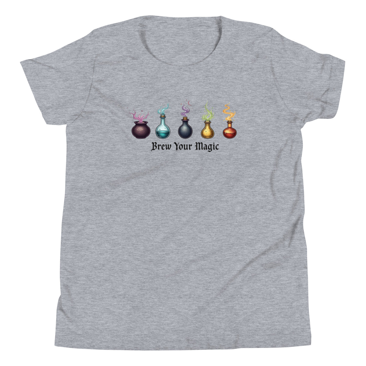 A grey youth staple t-shirt displaying a graphic of five different colored potion bottles, each emitting a wisp of colored smoke. Below the bottles, the text "Brew Your Magic" is written in a dark, stylized font.
