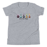 A grey youth staple t-shirt displaying a graphic of five different colored potion bottles, each emitting a wisp of colored smoke. Below the bottles, the text 