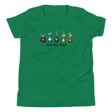 A green youth staple t-shirt displaying a graphic of five different colored potion bottles, each emitting a wisp of colored smoke. Below the bottles, the text 