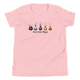 A pink youth staple t-shirt displaying a graphic of five different colored potion bottles, each emitting a wisp of colored smoke. Below the bottles, the text 