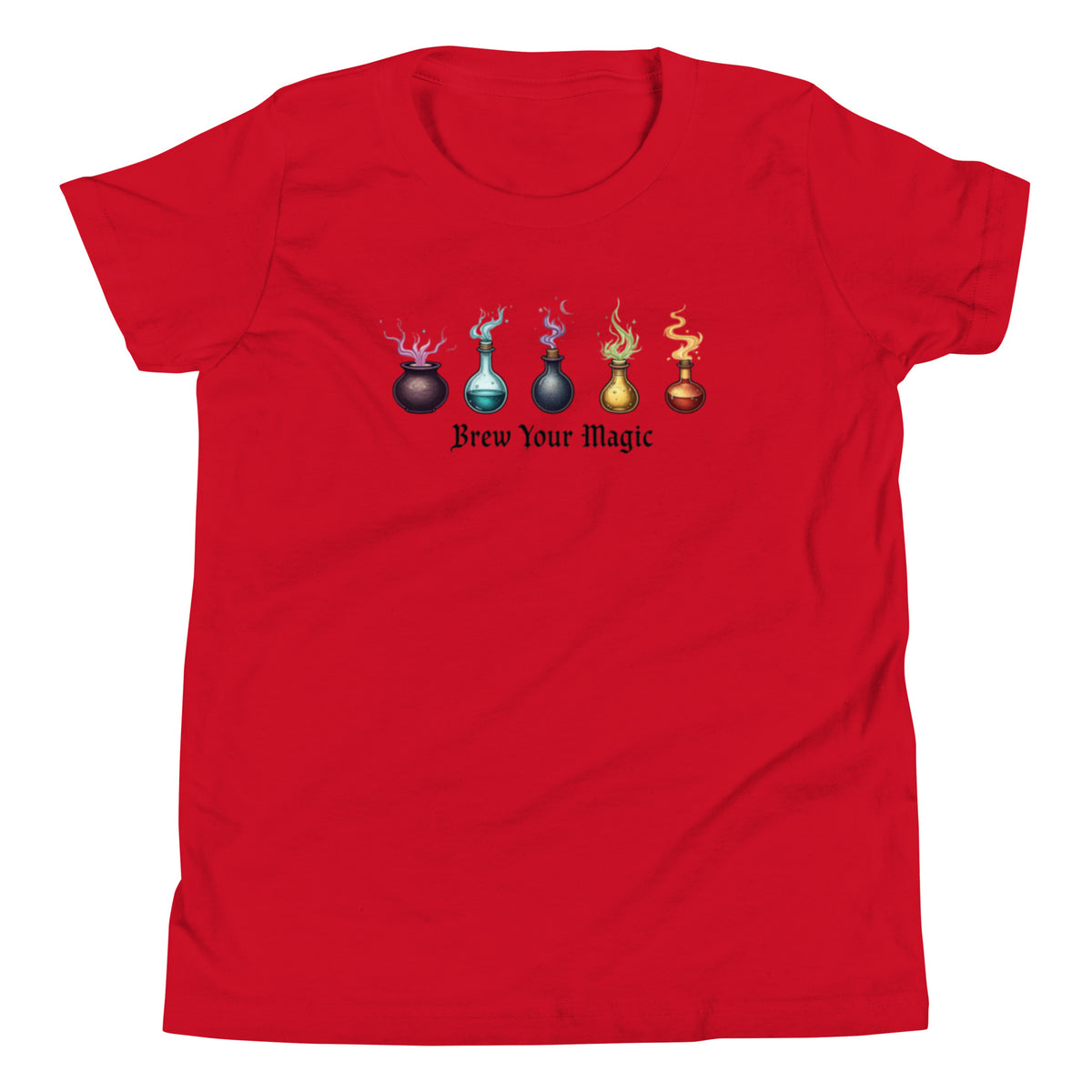 A red youth staple t-shirt displaying a graphic of five different colored potion bottles, each emitting a wisp of colored smoke. Below the bottles, the text "Brew Your Magic" is written in a dark, stylized font.